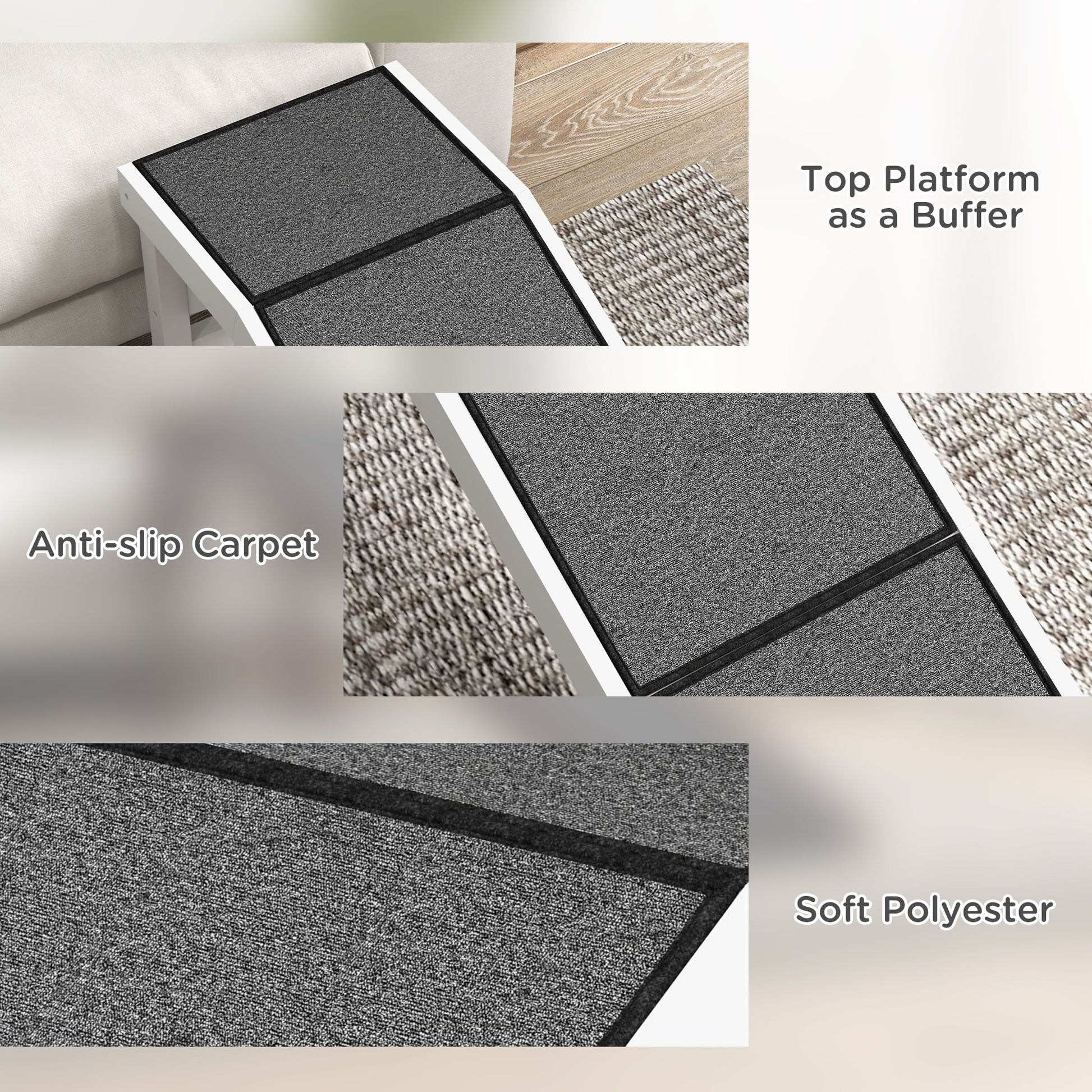 Close-up of pet ramp for dogs and cats showing anti-slip carpet and soft polyester top platform