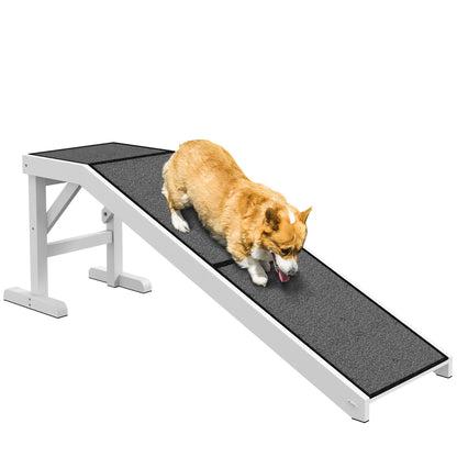 Small dog using white and black pet ramp for dogs and cats for easy climbing and jumping