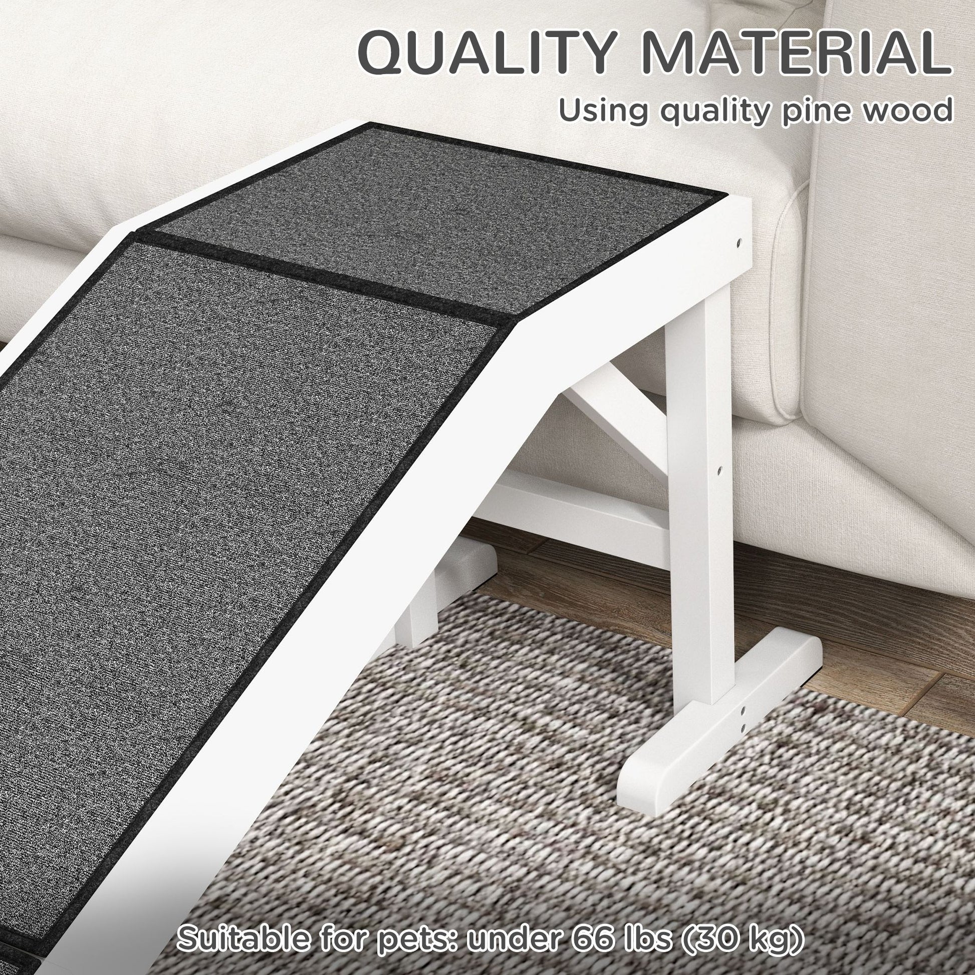 White wooden pet ramp for dogs and cats with gray non-slip surface next to sofa