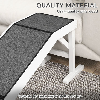 White wooden pet ramp for dogs and cats with gray non-slip surface next to sofa