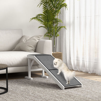 Pet ramp for dogs and cats with non-slip surface and sturdy white frame in modern living room