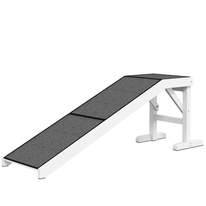 White pet ramp for dogs and cats with non-slip gray surface and sturdy wooden frame