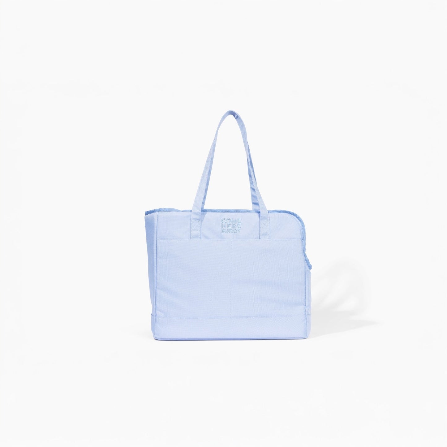 Light blue Come Here Buddy pet tote bag for dogs and cats with sturdy handles for easy carrying