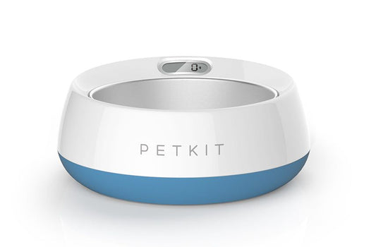 PETKIT smart digital pet feeding bowl in white and blue with digital display for precise feeding