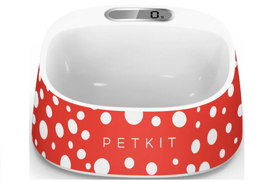 Red and white polka dot smart pet feeding bowl with digital weight display by PawCounter.com