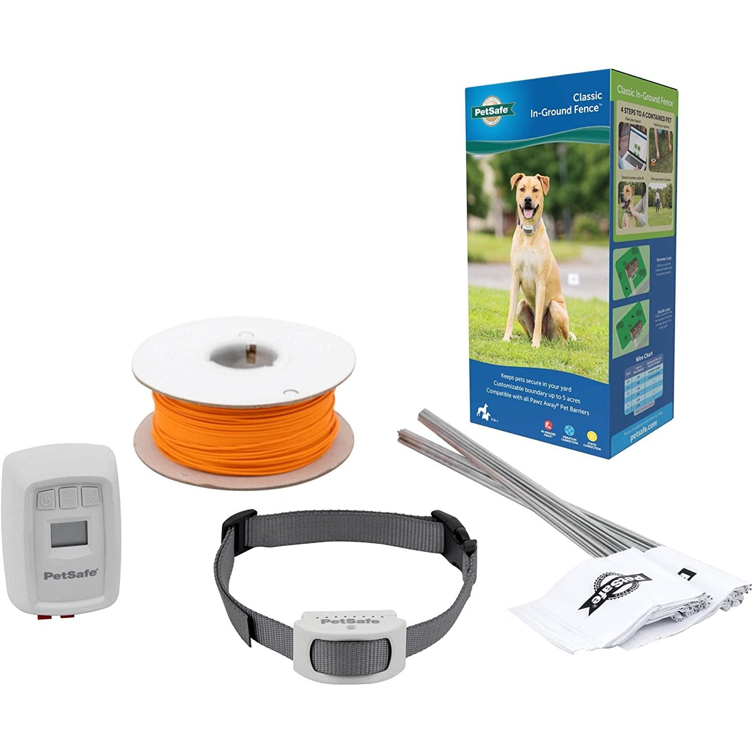 PetSafe in-ground fence classic kit with collar, wire spool, transmitter, and boundary flags for pet containment