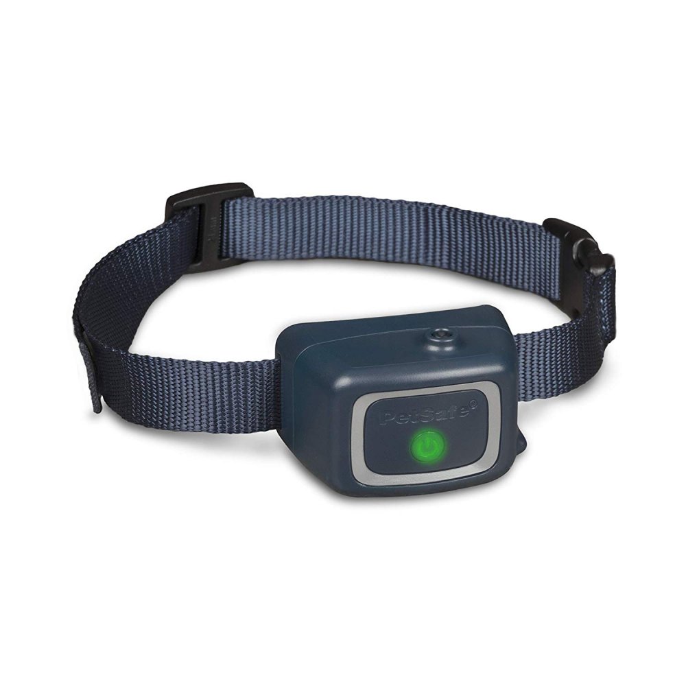 PetSafe spray bark collar with adjustable blue strap and green indicator light for bark control