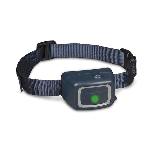 PetSafe spray bark collar with adjustable blue strap and green indicator light for bark control