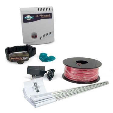 PetSafe underground cat fence system with transmitter, collar, boundary wire, and stakes for cat containment