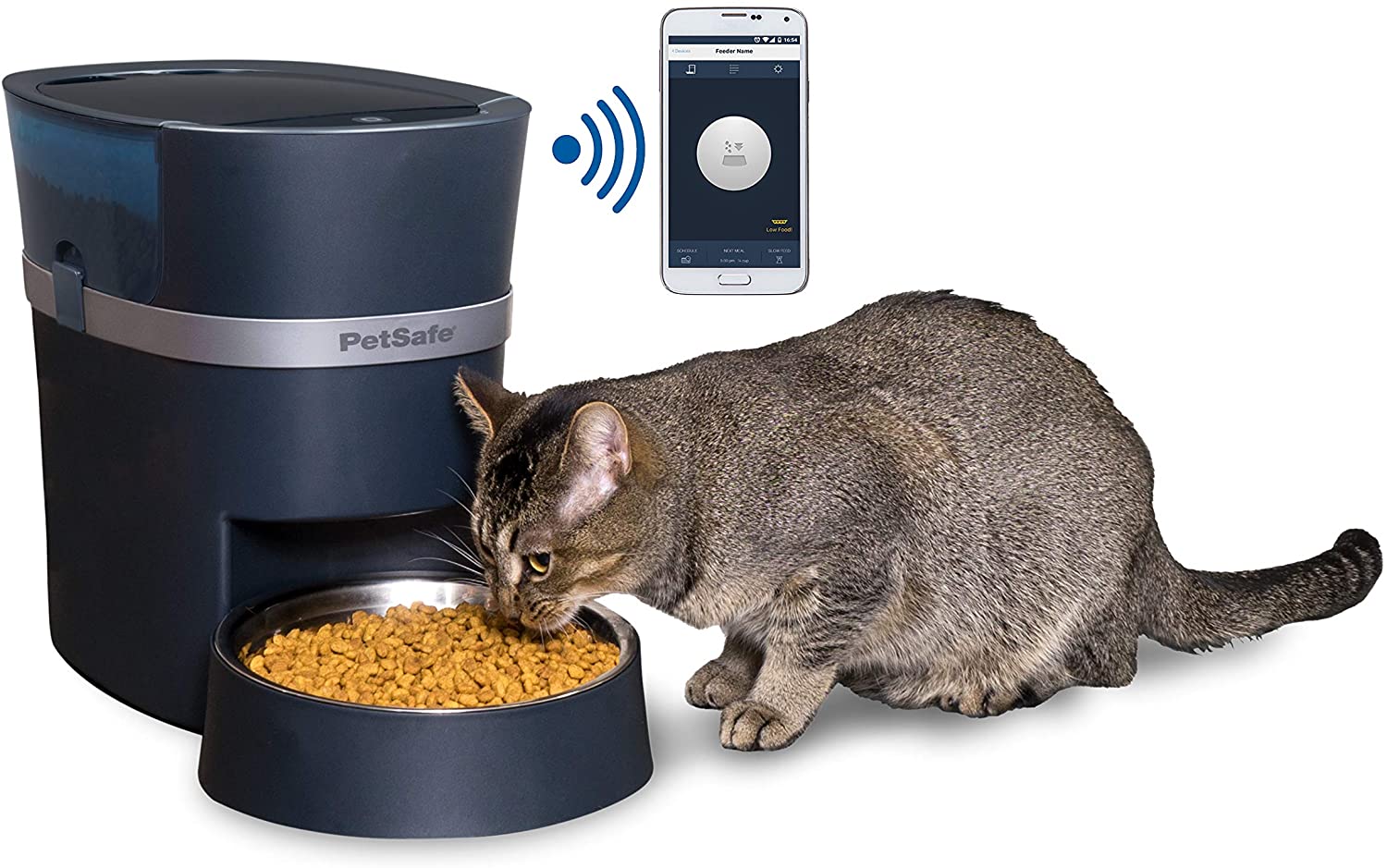 PetSafe Wi-Fi pet feeder automatic dispensing food while a gray cat eats from the bowl