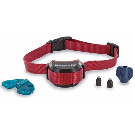 PetSafe wireless dog fence collar with red adjustable strap and included accessories