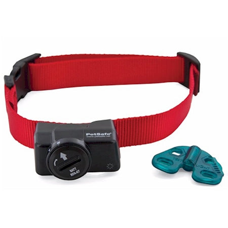 PetSafe wireless dog fence collar with red adjustable strap and two green activation keys
