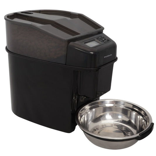 PetSafe black automatic pet feeder with digital display and stainless steel feeding bowl