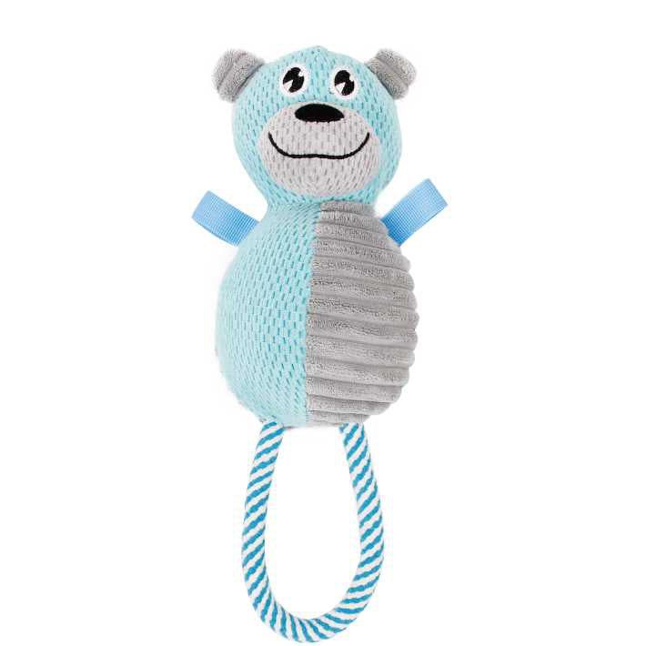 Blue and gray bear plush dog chew toy with textured fabric and rope handle for pets