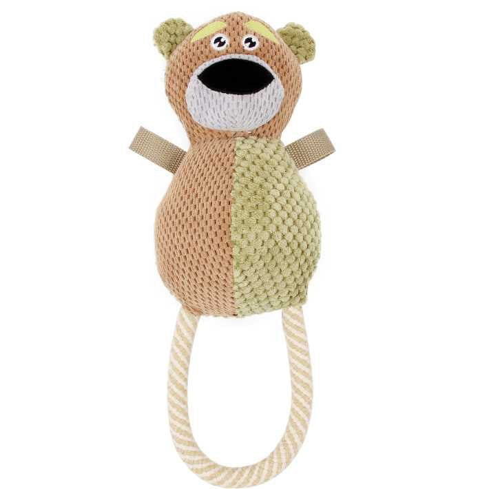Brown and beige plush dog chew toy shaped like a smiling bear with a rope handle