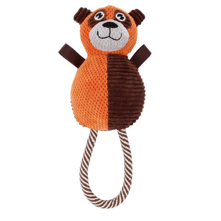 Orange and brown plush dog chew toy shaped like a smiling bear with striped rope handle