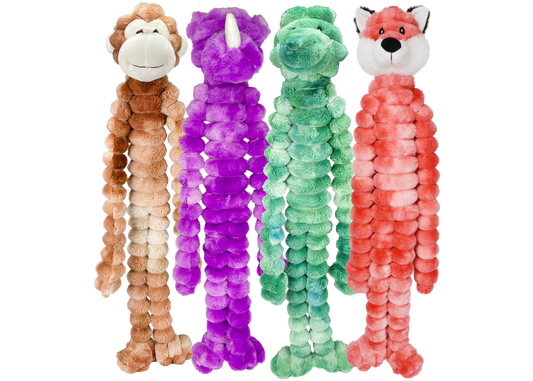 The Family Pet 20 inch plush dog toys in monkey, unicorn, dinosaur, and fox designs for durable pet play