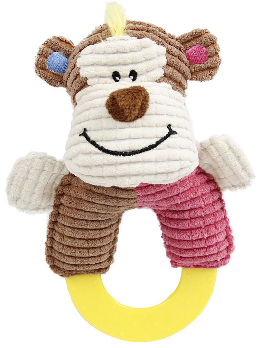 Plush squeaky dog toy shaped like a smiling monkey with soft textured fabric and a yellow ring handle