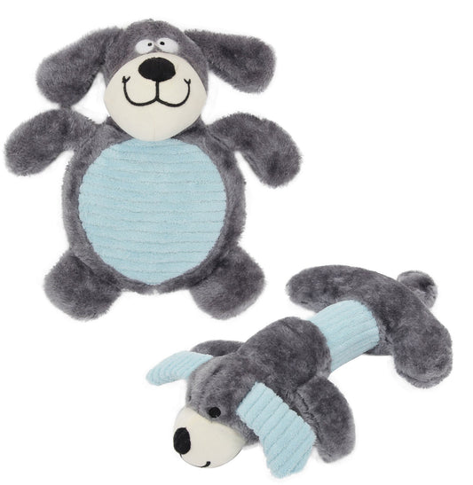 Gray and blue plush squeaky dog toys shaped like a happy dog and a bone for pet play