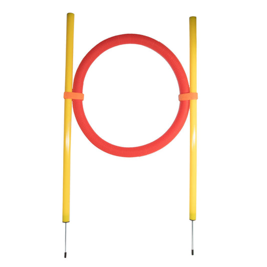 Portable dog hoop trainer with bright yellow poles and a red flexible hoop for dog agility training