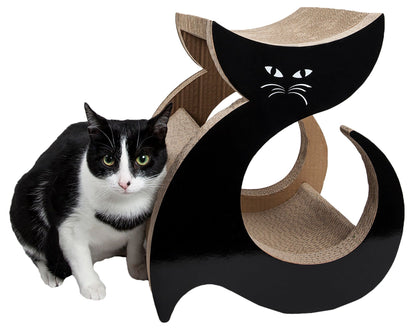Black and beige premium cat lounger scratcher shaped like a cat with a black and white cat beside it
