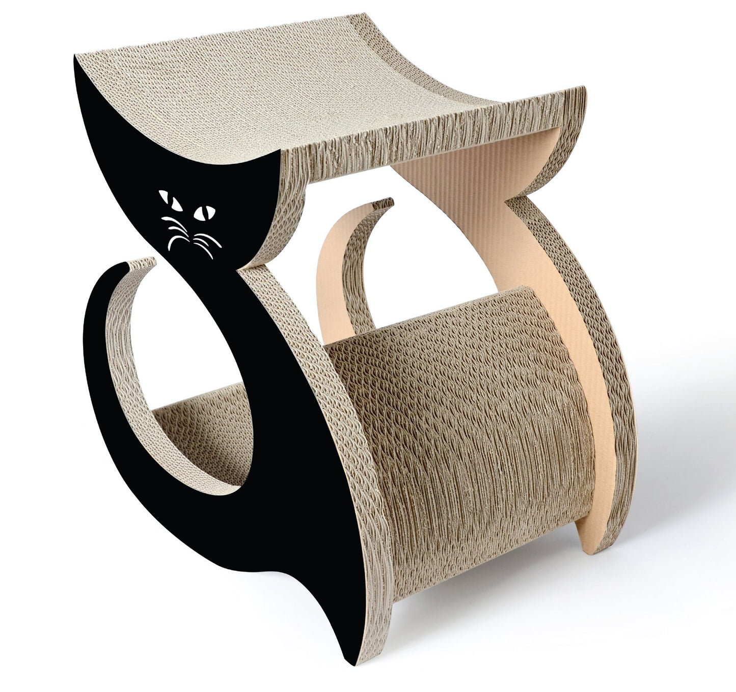 Premium cat lounger scratcher shaped like a black cat with corrugated cardboard design