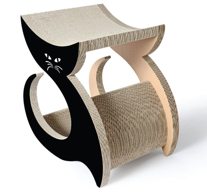 Premium cat lounger scratcher shaped like a black cat with corrugated cardboard design