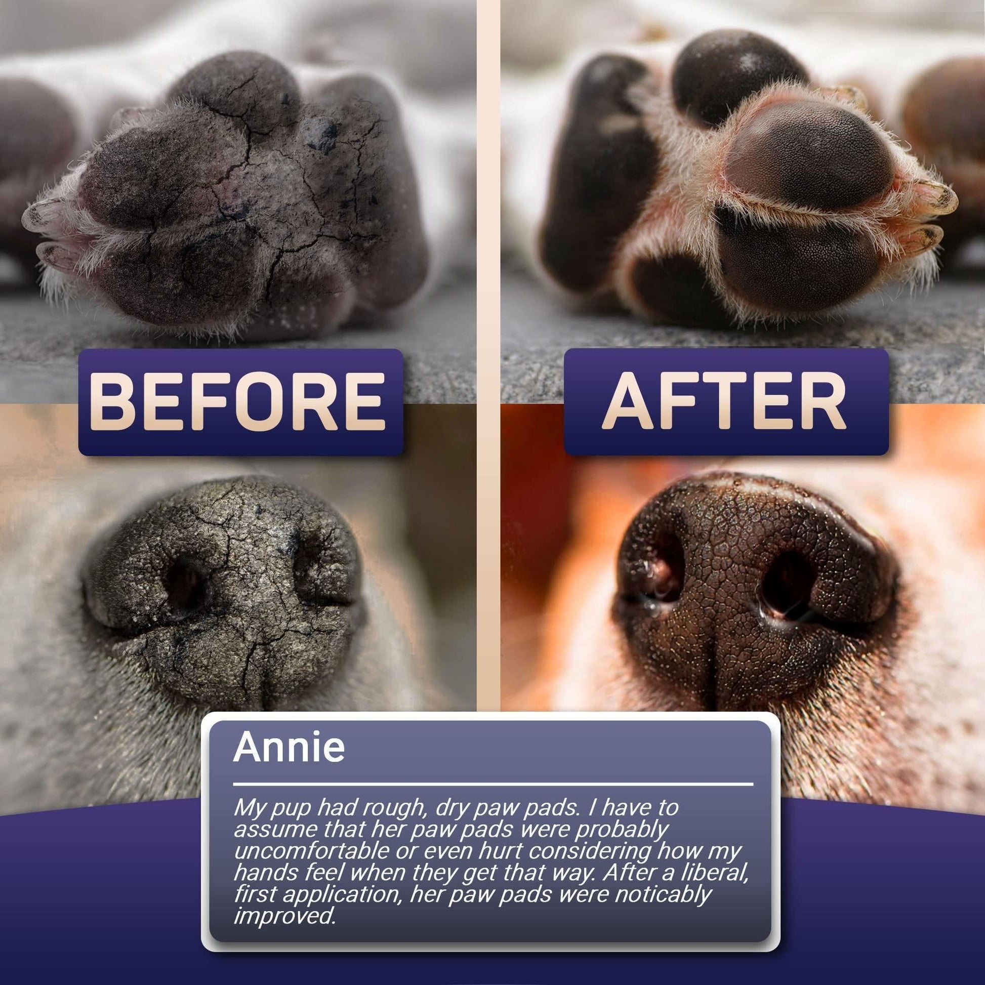 Before and after images showing dog paw pads healing with natural dog paw balm from PawCounter.com