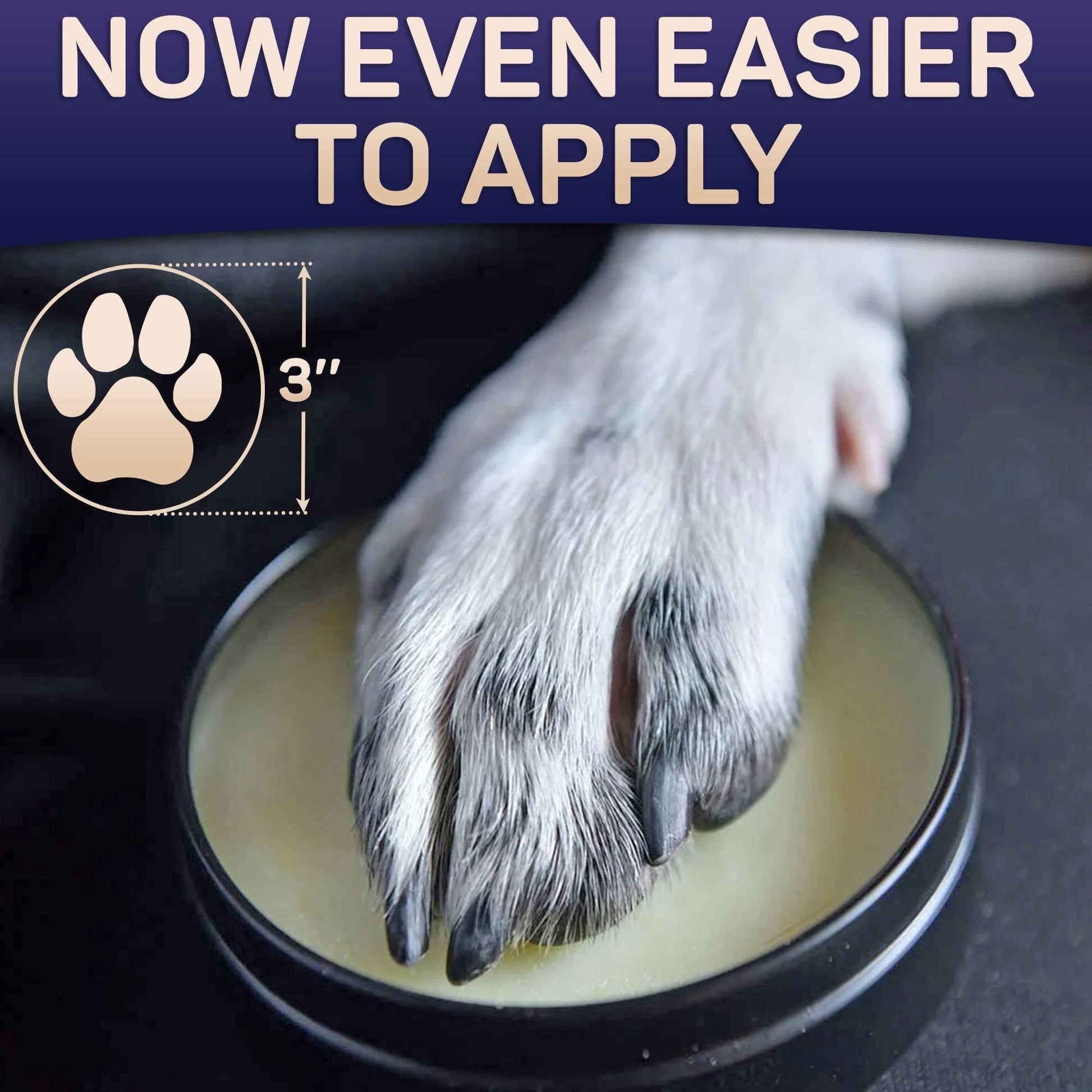 Dog paw on open container of natural dog paw balm showing easy application