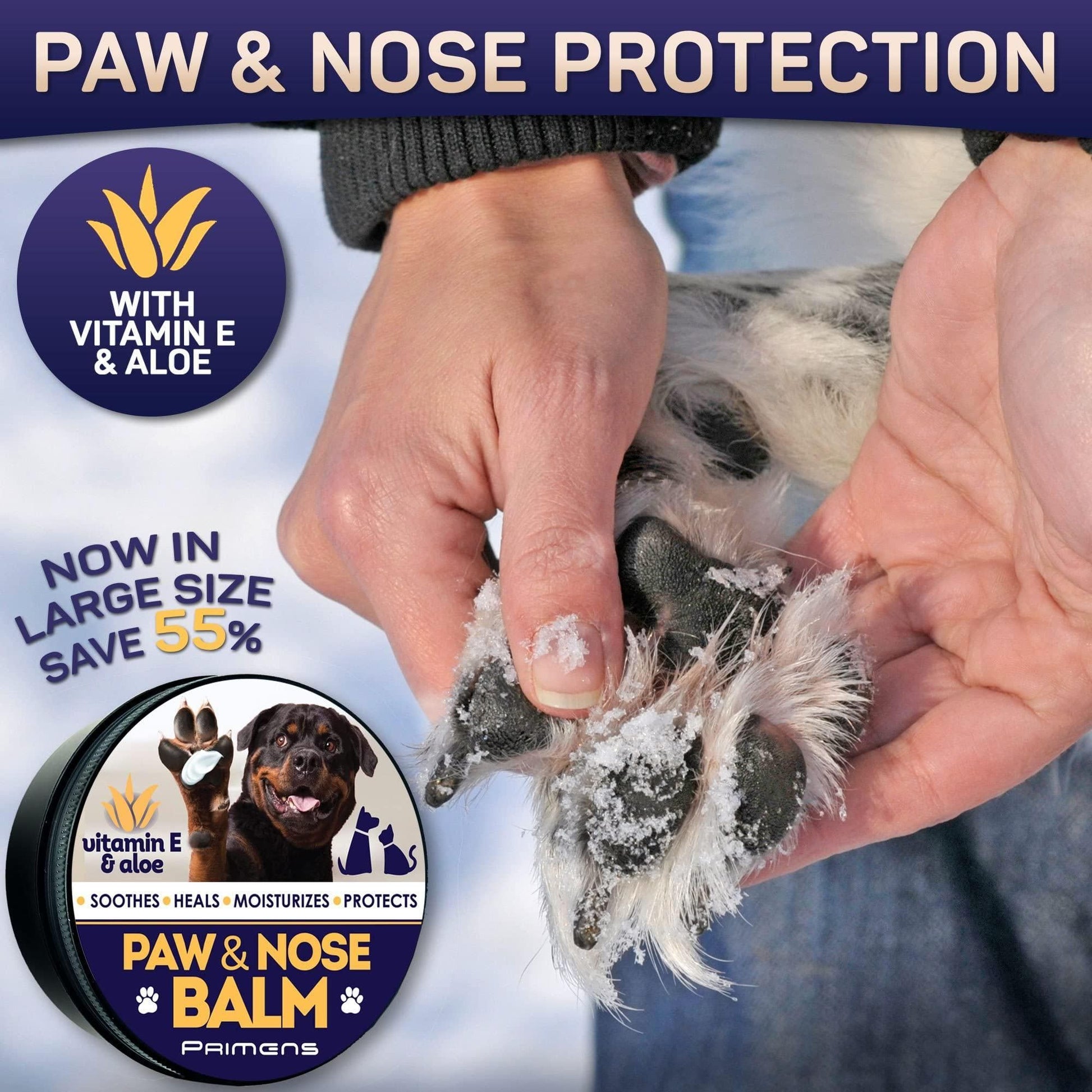Natural dog paw balm from PawCounter.com with vitamin E and aloe protects and moisturizes dog paws and nose