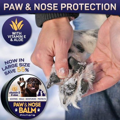 Natural dog paw balm from PawCounter.com with vitamin E and aloe protects and moisturizes dog paws and nose