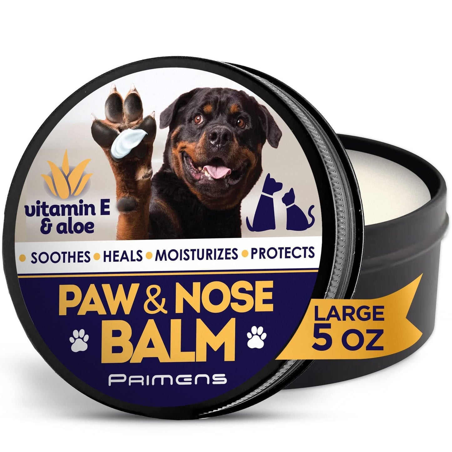 Natural dog paw balm with vitamin E and aloe for soothing and moisturizing large 5 oz container
