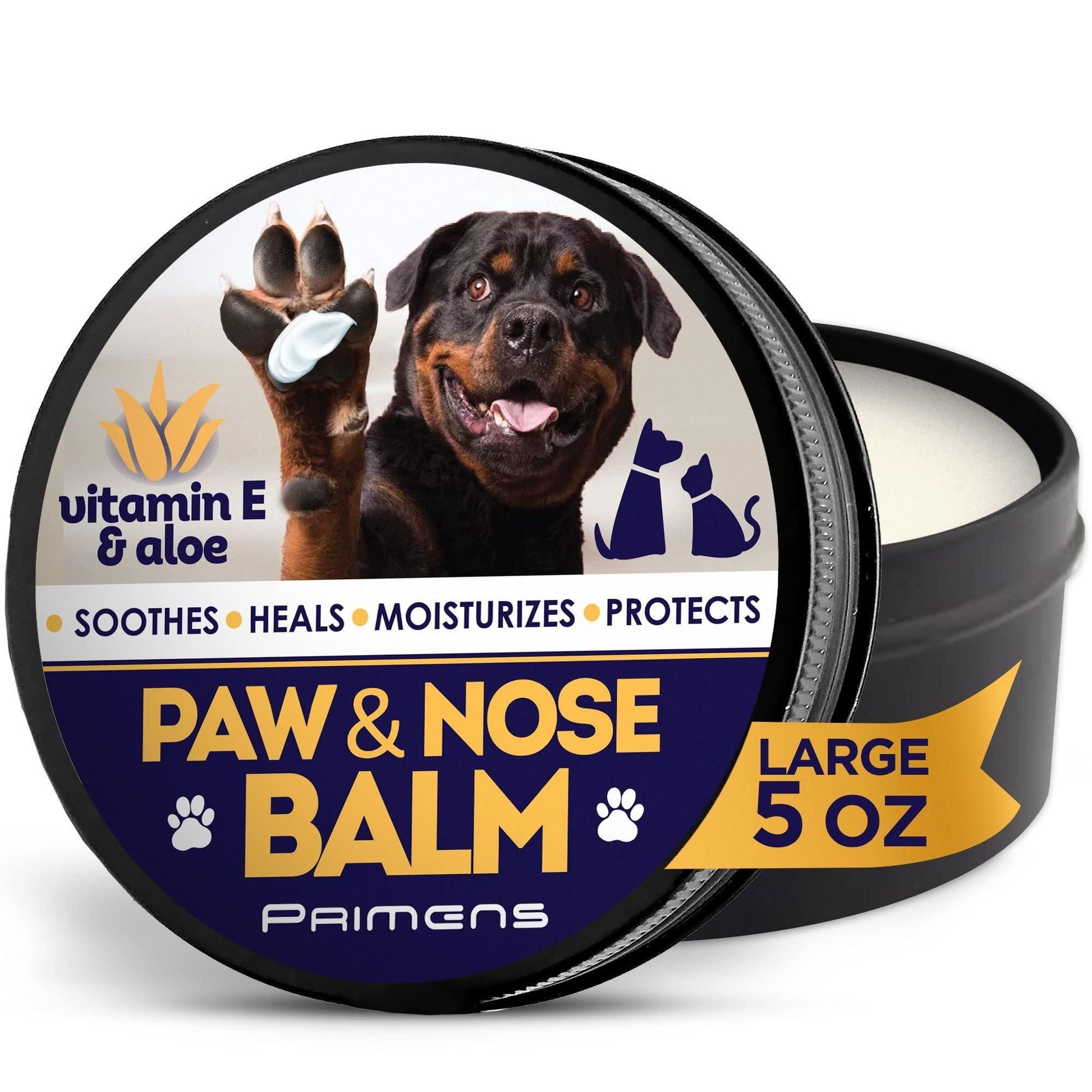 Natural dog paw balm with vitamin E and aloe for soothing and moisturizing large 5 oz container