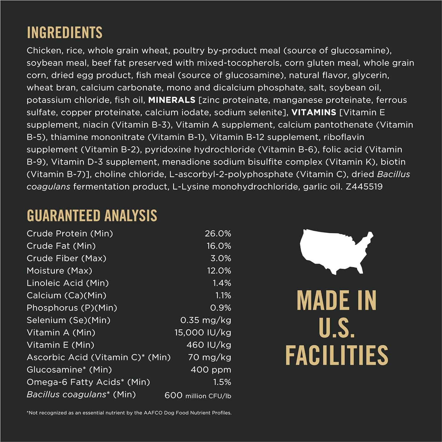 Pro Plan Adult Complete Essentials dog food ingredients and analysis chart for pet nutrition