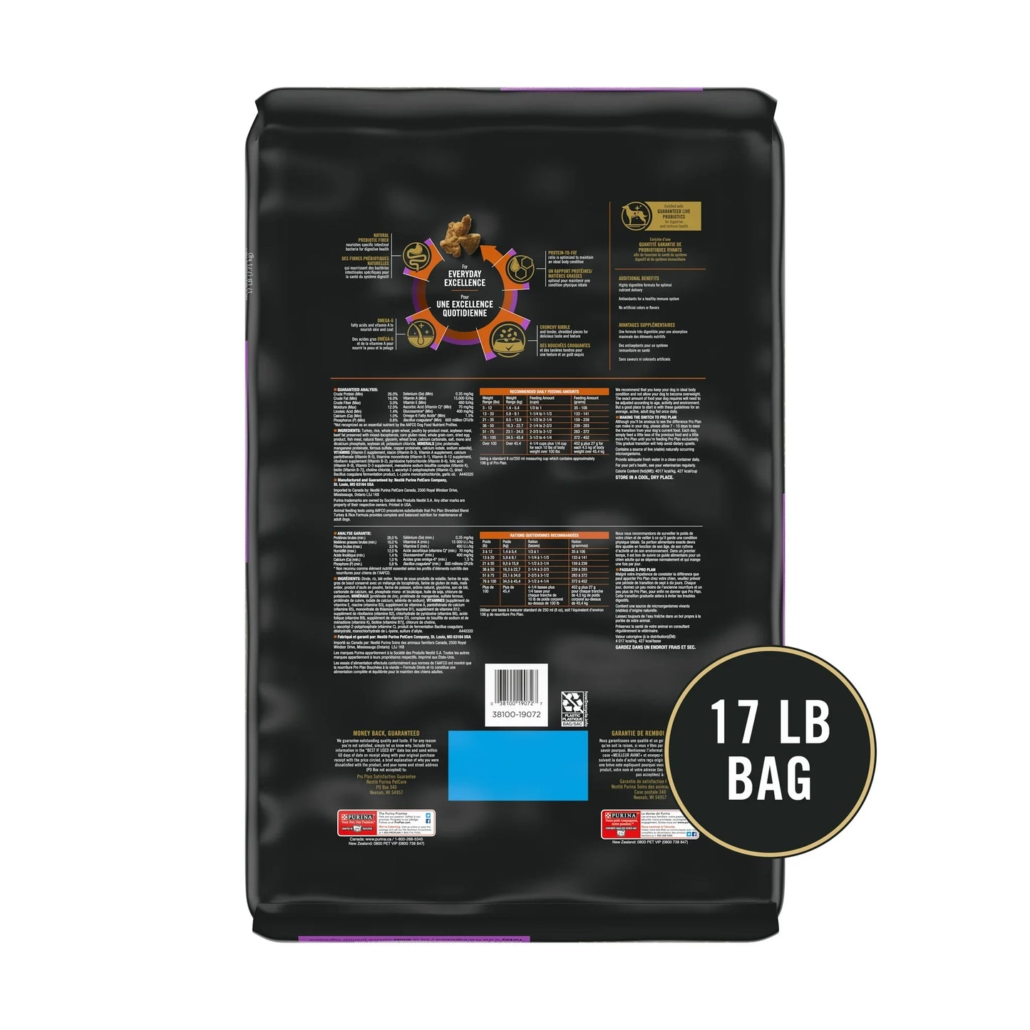 Back of The Family Pet probiotic dry dog food 17 lb bag with nutrition facts and feeding guidelines