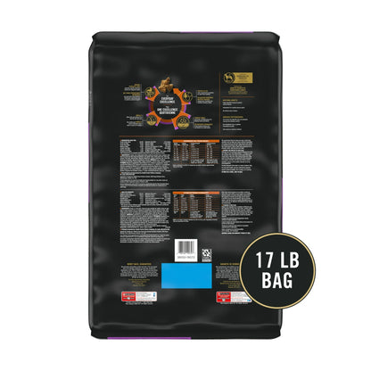 Back of The Family Pet probiotic dry dog food 17 lb bag with nutrition facts and feeding guidelines