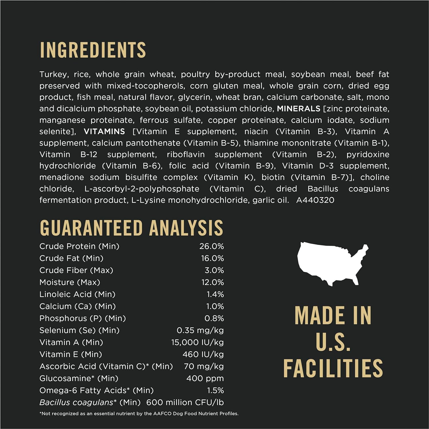 Ingredients and guaranteed analysis label for The Family Pet probiotic dry dog food made in U.S. facilities