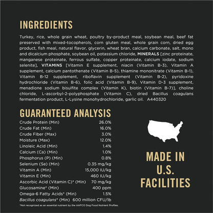Ingredients and guaranteed analysis label for The Family Pet probiotic dry dog food made in U.S. facilities
