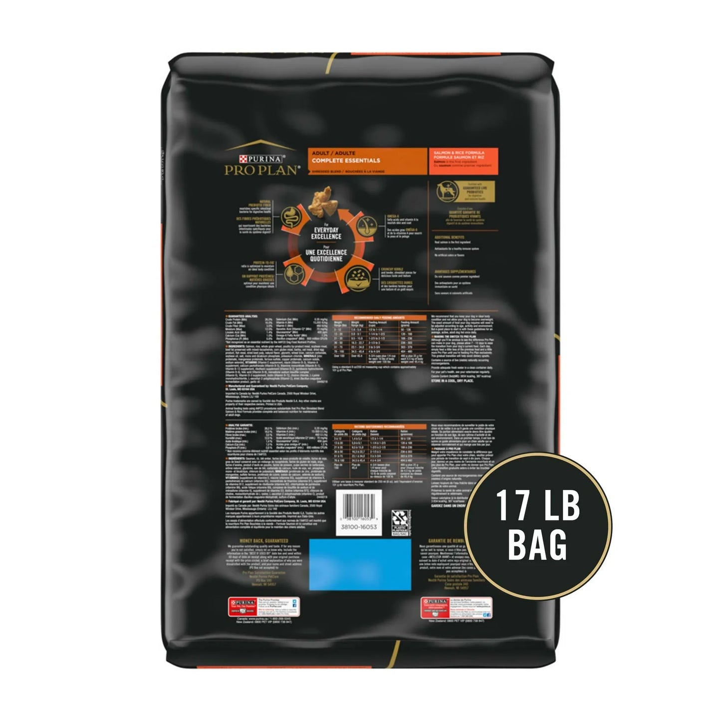 The Family Pet salmon and rice dry dog food 17 lb bag with nutritional information on the back