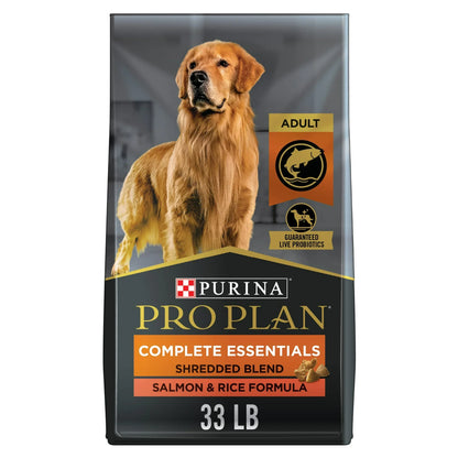 33 lb bag of Purina Pro Plan Complete Essentials Salmon and Rice Dry Dog Food for adult dogs