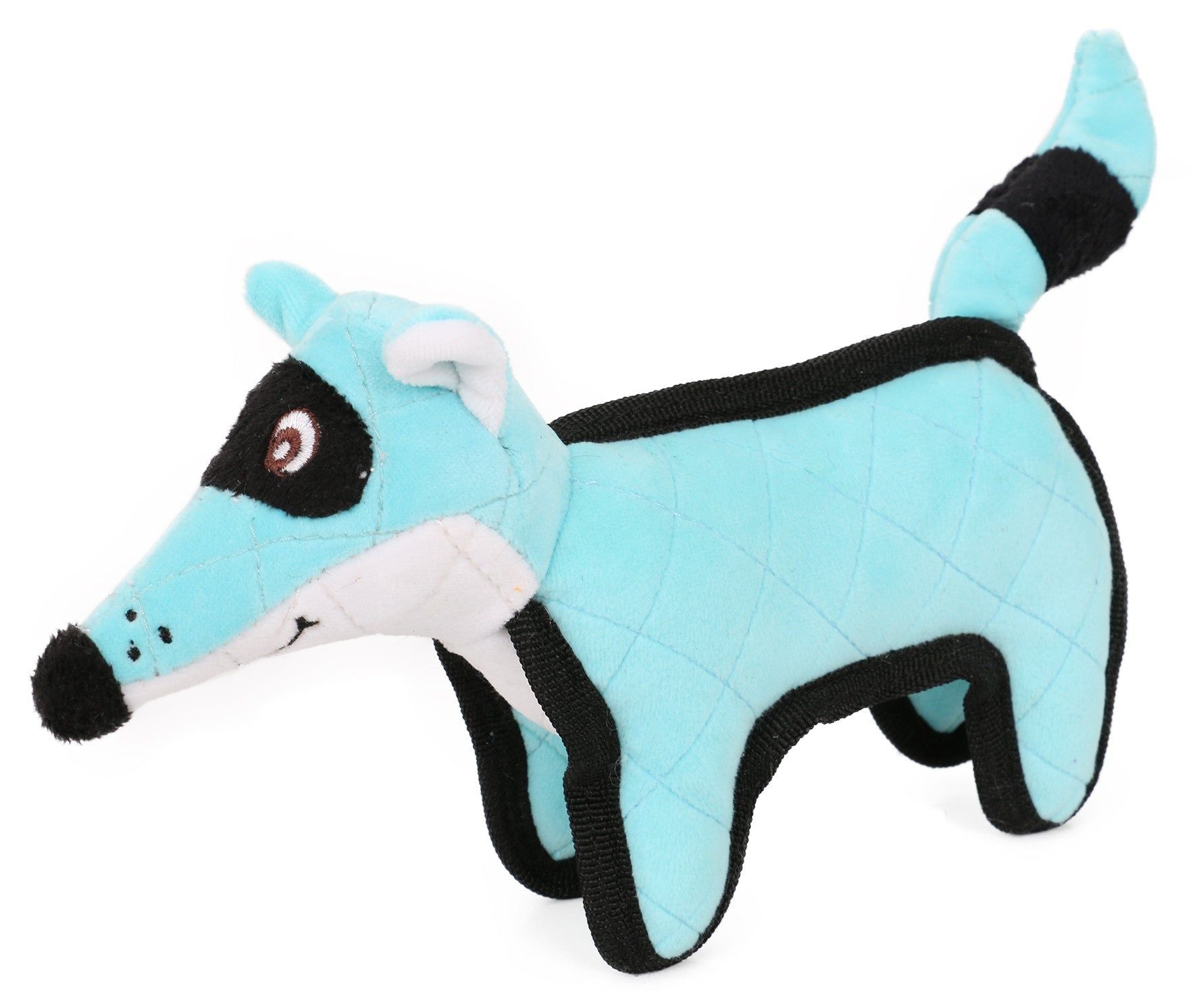 Blue and black quilted plush dog toy shaped like a playful fox with embroidered eyes and nose