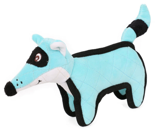 Blue and black quilted plush dog toy shaped like a playful fox with embroidered eyes and nose