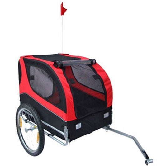 Red and black dog bike trailer with mesh windows and safety flag for pet transportation
