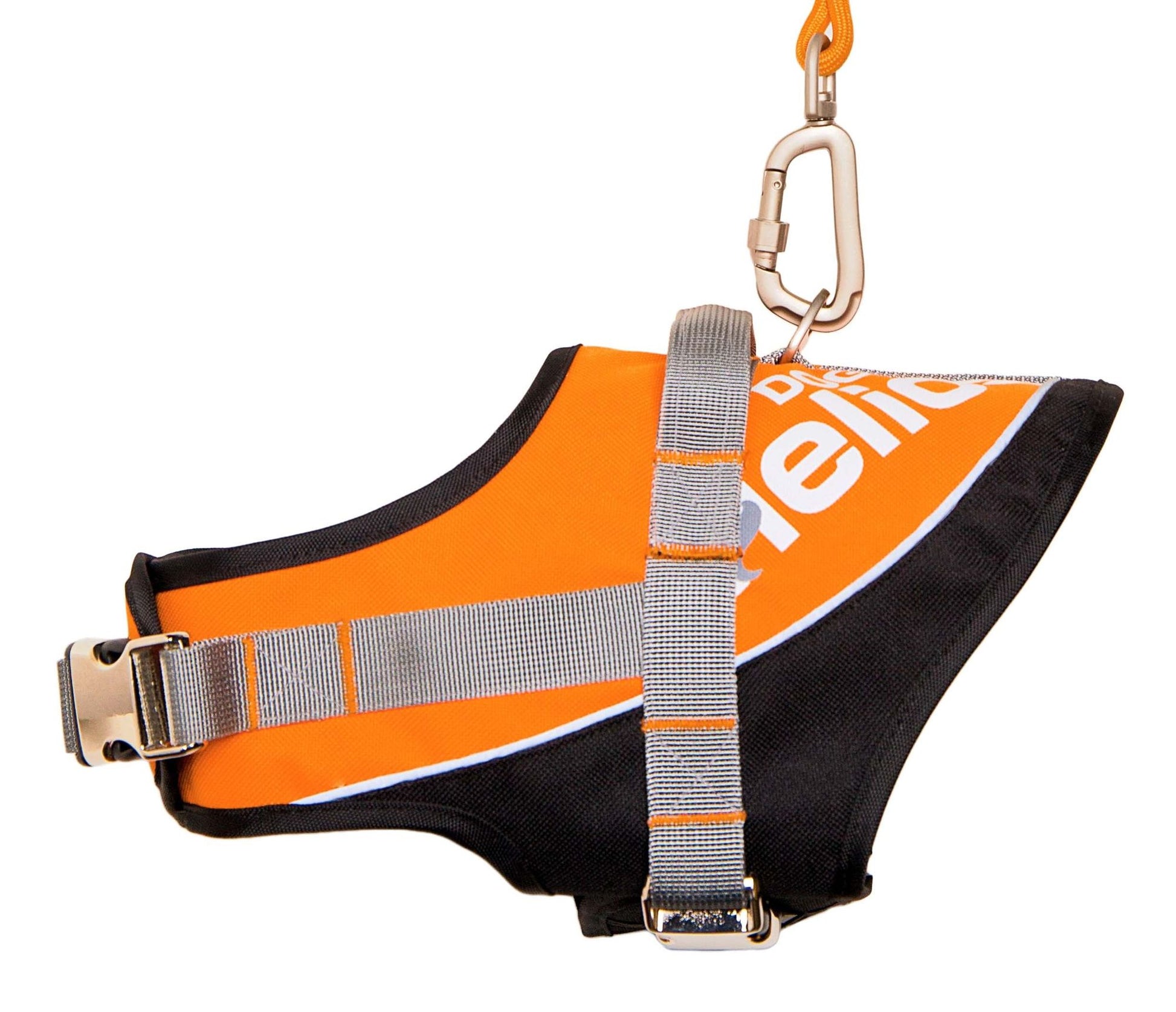 Orange and black reflective dog harness and leash set with sturdy gray straps and metal clips