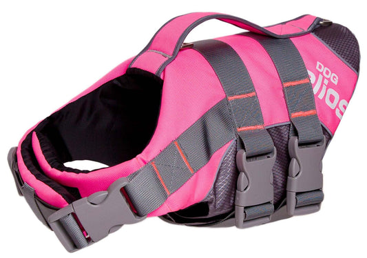 Pink and gray reflective dog life jacket with adjustable straps and handle for safety