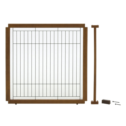 Richell convertible pet panel with brown wooden frame and metal bars for pet safety gate