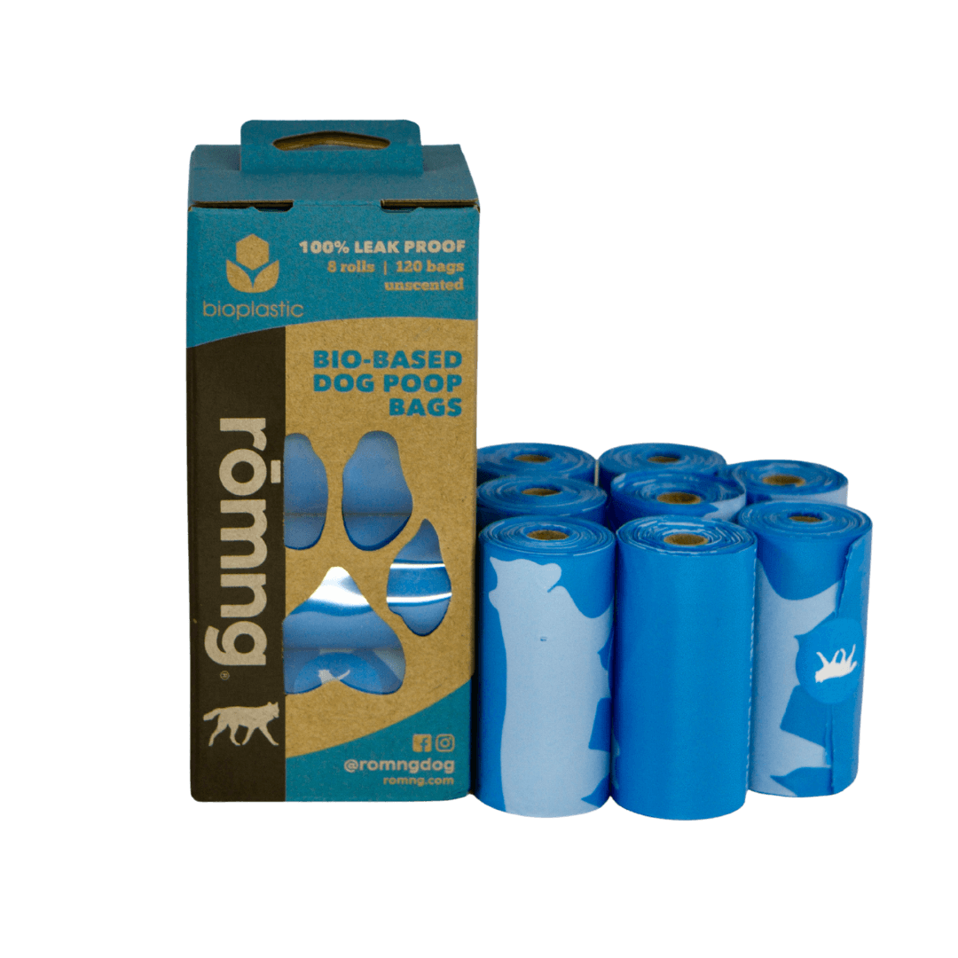 rōmng bio-based dog poop bags in blue, eco-friendly and leak-proof, with 120 bags total