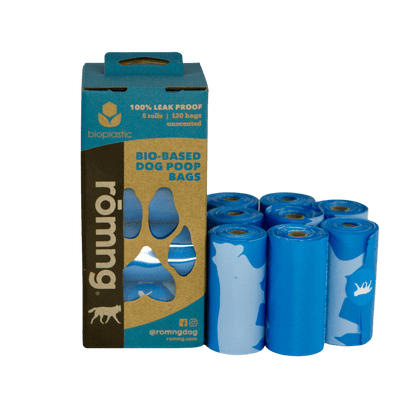 rōmng bio-based dog poop bags in blue, eco-friendly and leak-proof, with 120 bags total