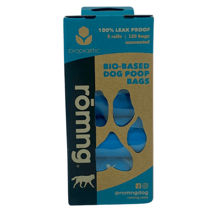rōmng bio-based dog poop bags in blue packaging with 100 leak-proof bags for pet owners