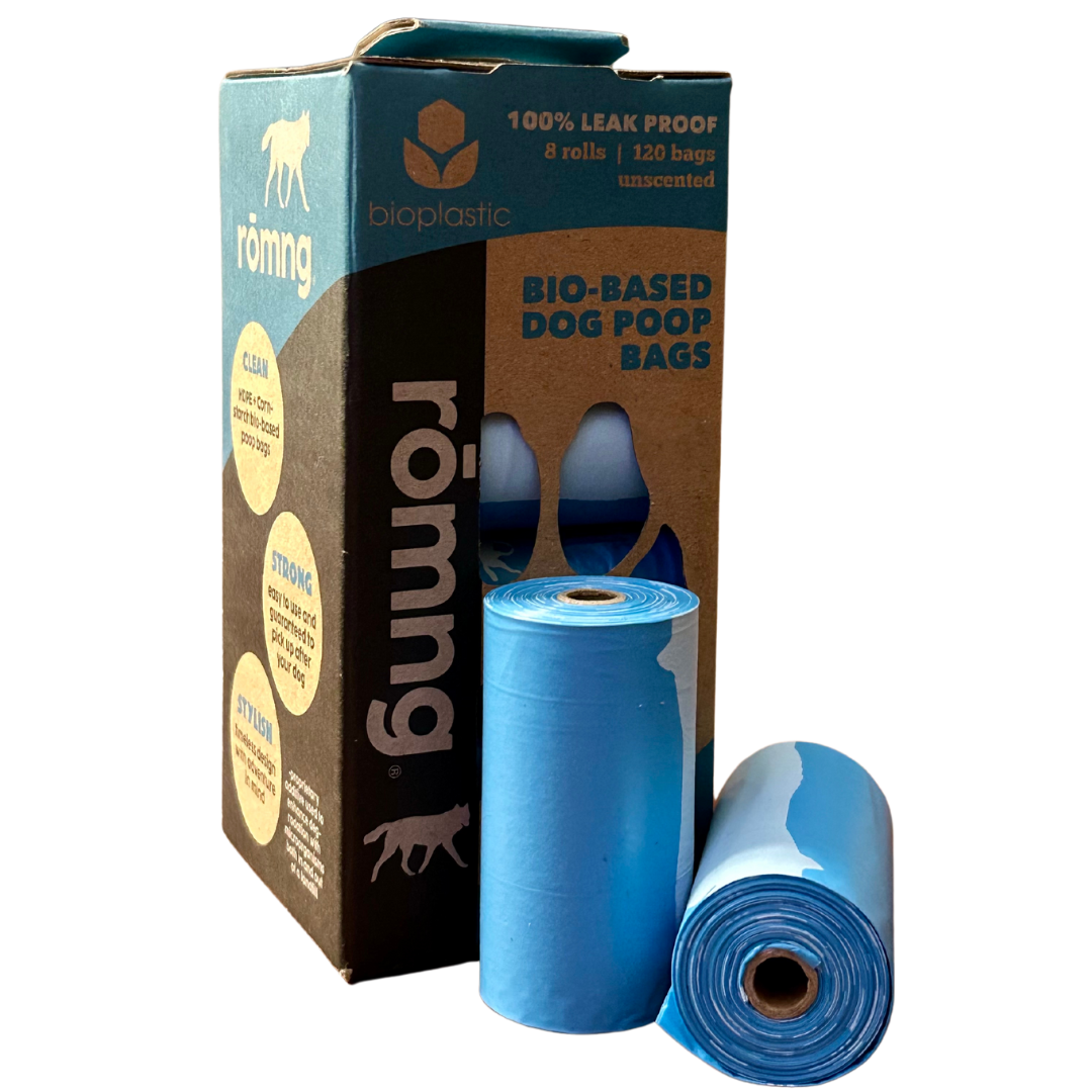 rōmng bio-based dog poop bags in blue with strong, leak-proof design and 120 bags per pack